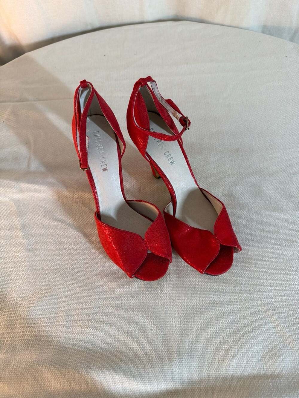 Chelsea Crew Lola Red Sparkle Peep Toe Ankle Strap Heels Size 38